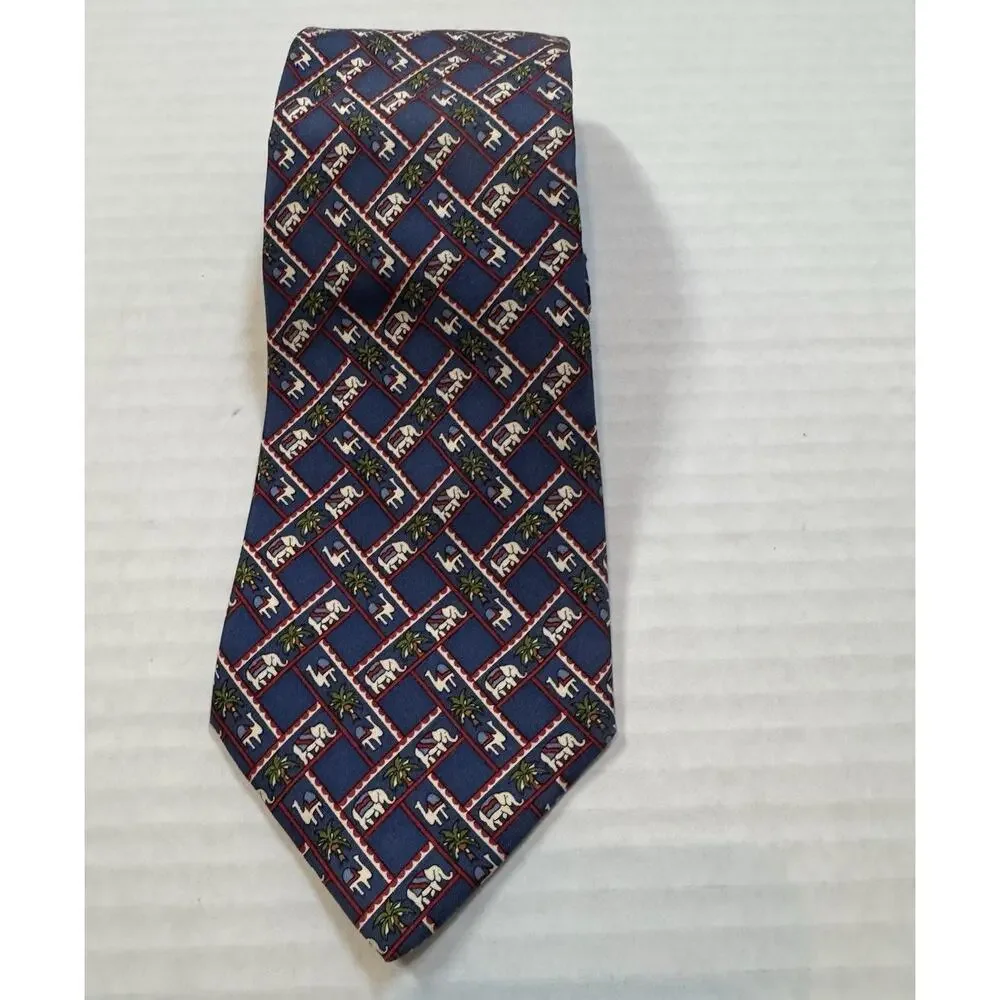 Salvatore Ferragamo Silk Tie Elephants Camels Palms Blue Red Novelty Print Italy
